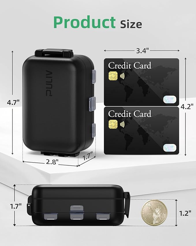 PULIV Travel Pill Organizer with 3 Layers for Compact and Large Storage, Easy-to-Open Daily Pill Box Case, Portable Medication Organizer with 8 Compartments for Supplements, Vitamins, Fish Oils