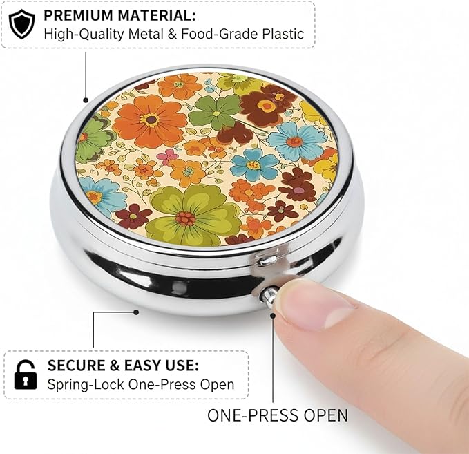 Round Pill Case Small Pill Box with Mirror Pocket 3 Compartment Vitamin Pill Medicine Case Organizer Pill Containers for Traveling Vintage Flower Two