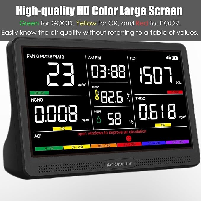 Professional Indoor Air Quality Monitor with 7X AQI Beep Alarms,16 in 1 Portable Real-Time Detector for PM2.5 | PM10 | CO2 | TVOC | HCHO | Temp | Hum for Home Cars Plants Pets (Aerolite Black)