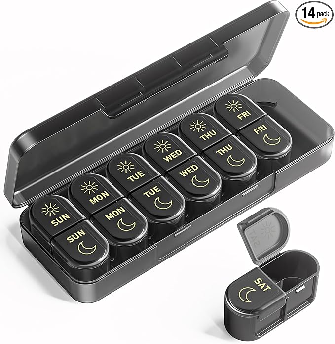 Weekly Pill Organizer 2 Times a Day, AM PM Pill Organizer 7 Day, Large Pill Box 7 Day, Travel Pill Case Daily, Black Privacy Protection Medicine Container for Medication, Vitamins, Supplements