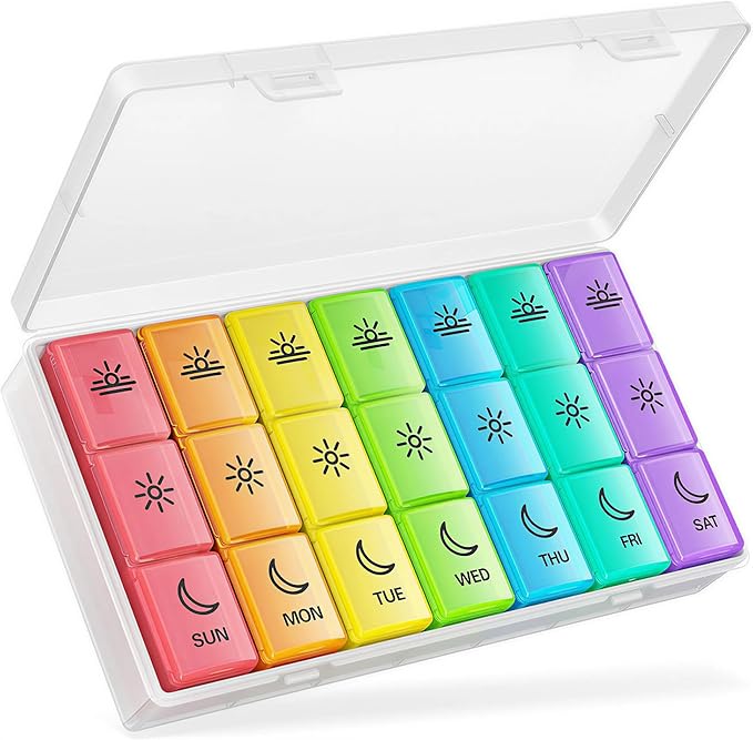 BUG HULL Pill Organizer 3 Times a Day, Weekly Pill Organizer 3 Times a Day, 7 Day Pill Box Cases Morning Noon Evening, Medicine Pill Organizer for Vitamin, Cod-Liver Oil, Supplements (Rainbow White)