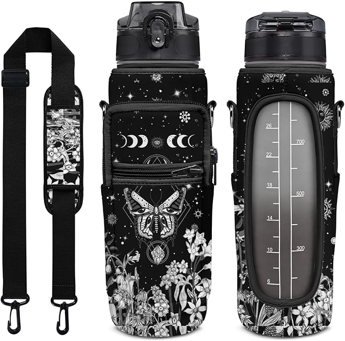 Goth Moon Half Gallon Water Bottle with Sleeve - Flip Top Bpa Free Water Bottle 32 OZ - with Time Marker Leakproof Water Jug - Motivational for Halloween Spooky Gifts for Women - Goth Christmas
