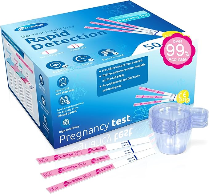 50 Count Pregnancy Tests with Cups, Bulk Pregnancy Test Strips for Detection at Home, Over 99% Accuracy, Individually Wrapped Fertility Tests, Extra-Wide 5mm HCG Tests, Pruebas De Embarazo