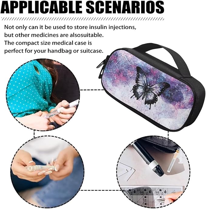 Galaxy Butterfly Insulin Cooler Travel Case with Side Handle Diabetic Insulated Organizer Portable Cooling Bag for Insulin Pen and Medication Diabetic Supplies