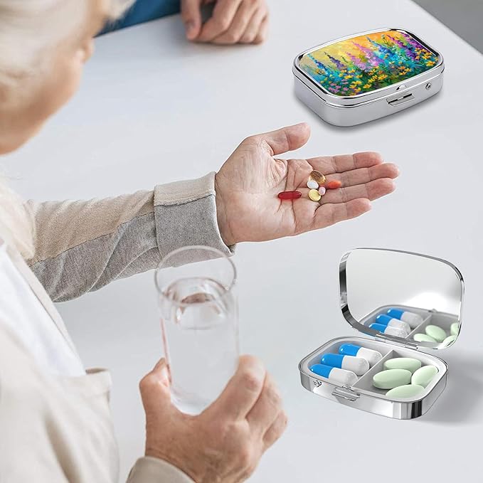 Painting Floral Pill Box-2 Compartment Small Pill Case Square Organizer Case with Mirror Portable Metal Medicine Box Travel Container for Pocket & Purse Women Men（Wildflower）