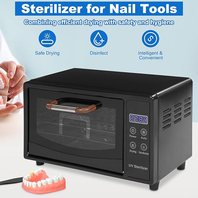 Sterilizer for Nail Tools, 10L Multifunctional Nail Tool Cleaning Machine, Nail Tool Sterilizer with 167℉ Hot Air, Adjustable Tiers, LED Display, For Hair, Salon, Spa, Nail, Salon (Black)