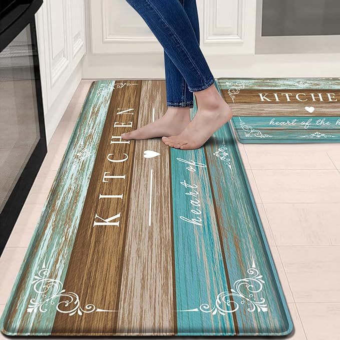 Sofort Kitchen Rugs Farmhouse Cushioned Anti Fatigue Kitchen Mats 2 Piece Set Non Slip Waterproof for Floor, Rustic Wooden Comfort Standing Mats for Kitchen, Office, Sink, Laundry