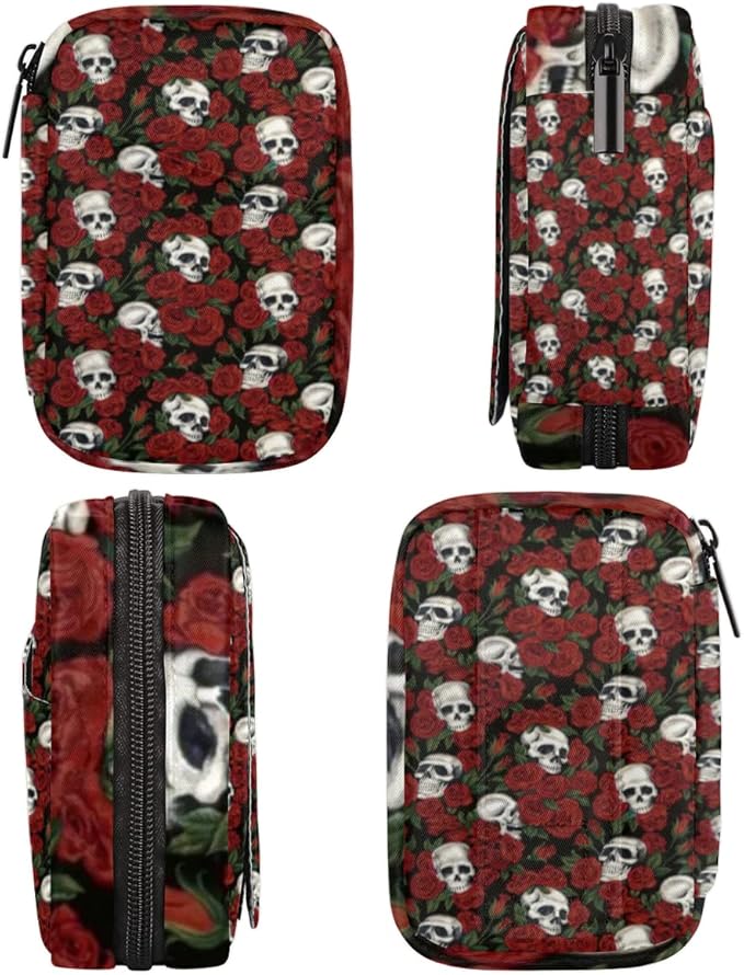 Skull Red Rose Pill Case Weekly Medicine Organizer with Travel Bag Seven-Day Pill Box Vitamin Supplement Box Fish Oil Pills Holder