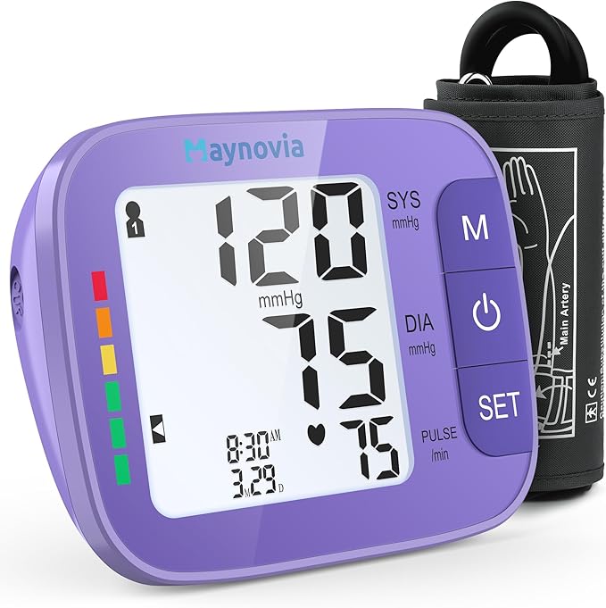 Upper Arm Blood Pressure Monitor with Wide Cuff, Automatic Digital BP Machine for Home Use, Large Backlit Display, Irregular Heartbeat Detection, Includes Storage Bag & 2×60 Memory (Purple)