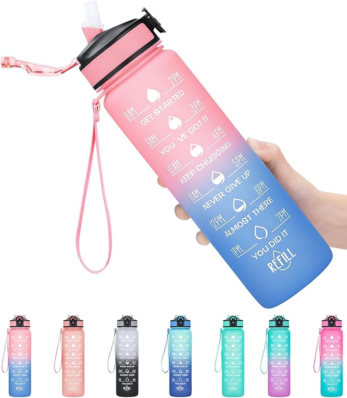 1 litre Motivational Fitness Sport Water Bottle with Straw & Time Maker, Leak-proof, BPA-free, Tritan, Toxin Free Plastic Drink Bottle Design for Girls, Boy, Cycling, School & Office