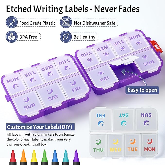 NEW Foldable & Double Protection Portable Weekly Pill Organizer 2 Times A Day with Etched Labels, AM PM 7 Day Week Medicine Box, Daily Travel Pill Case Dispenser for Vitamin, Supplement - Clear Purple