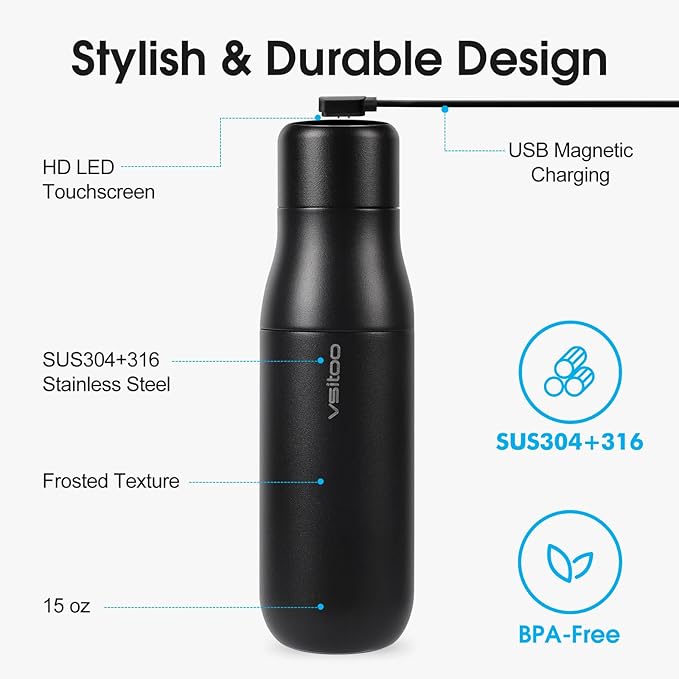 VSITOO 14.8oz Mini Smart Self-Cleaning Water Bottle，Small Insulated Stainless Steel Thermoses with AI Self-Clean, 30-Day Battery & Magnetic Charging for Travel, Gym, Office or Purse, Black