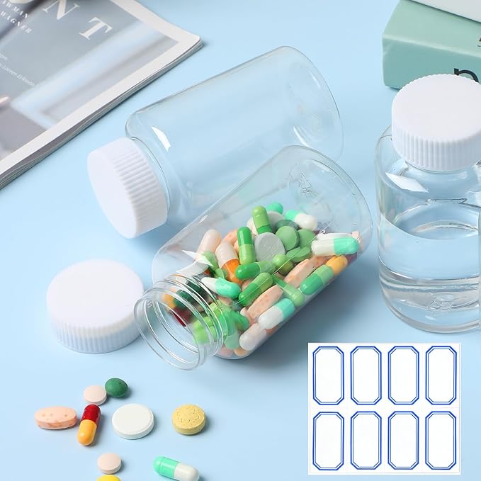 Sibba Clear Pill Bottle 6 Pcs Empty Medicine Organizers 150ML Jar Powder Box Storage Transparent Reagent Containers Plastic Dispenser Leak Proof Caps Receptacle for Toiletries Counter Labels
