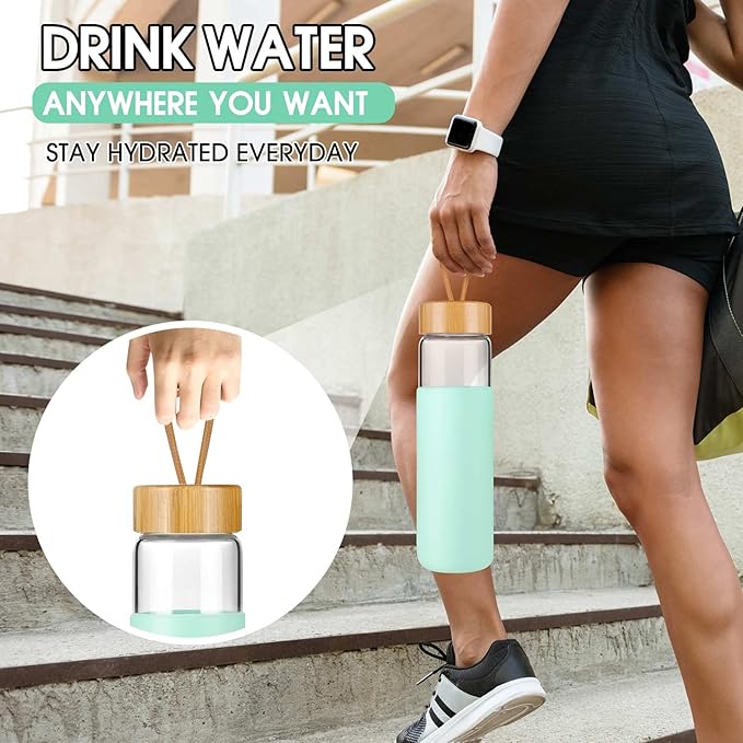 Borosilicate Glass Water Bottles with Silicone Sleeve BPA Free, Dishwasher Safe - Reusable Clear Glass Drinking with Leak Proof Bamboo Lid (Pure Blue, 25 Ounces)
