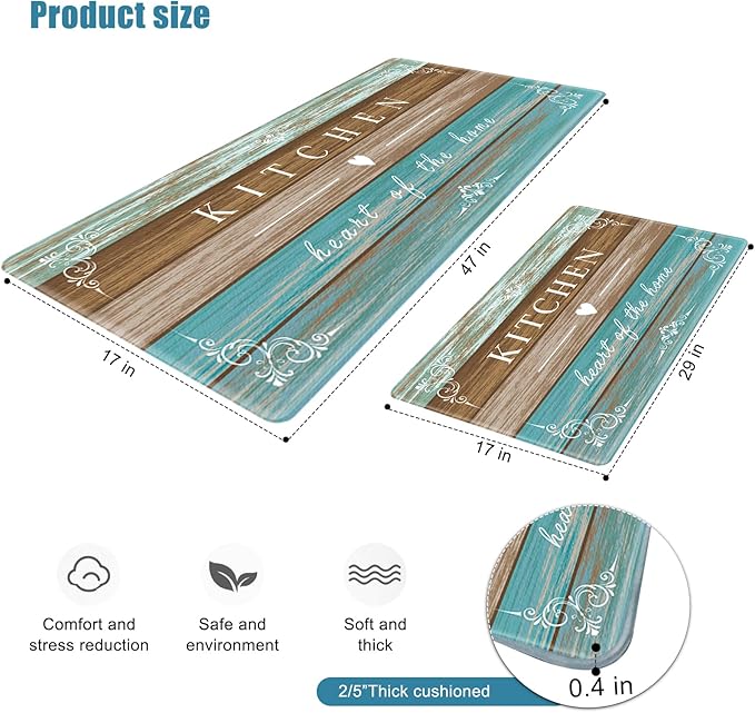 Sofort Kitchen Rugs Farmhouse Cushioned Anti Fatigue Kitchen Mats 2 Piece Set Non Slip Waterproof for Floor, Rustic Wooden Comfort Standing Mats for Kitchen, Office, Sink, Laundry