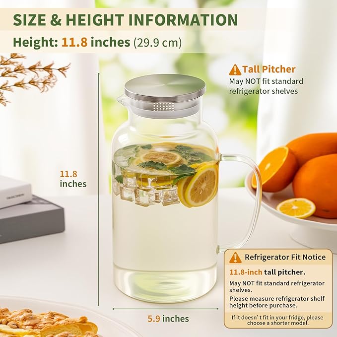 Glass Pitcher, 1 Gallon/3.8L Glass Water Pitcher with Lid and Spout, Heat/Cold Resistant Borosilicate Glass Water Carafe for Coffee, Juice and Homemade Beverage