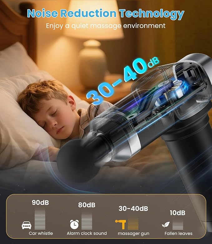 Massage Gun, Deep Tissue Massage Gun for Pain Relief, Handheld Electric Muscle Massager with 30 Speed Level 6 Massage Heads, Carrying Case, Ultra-Quiet Design