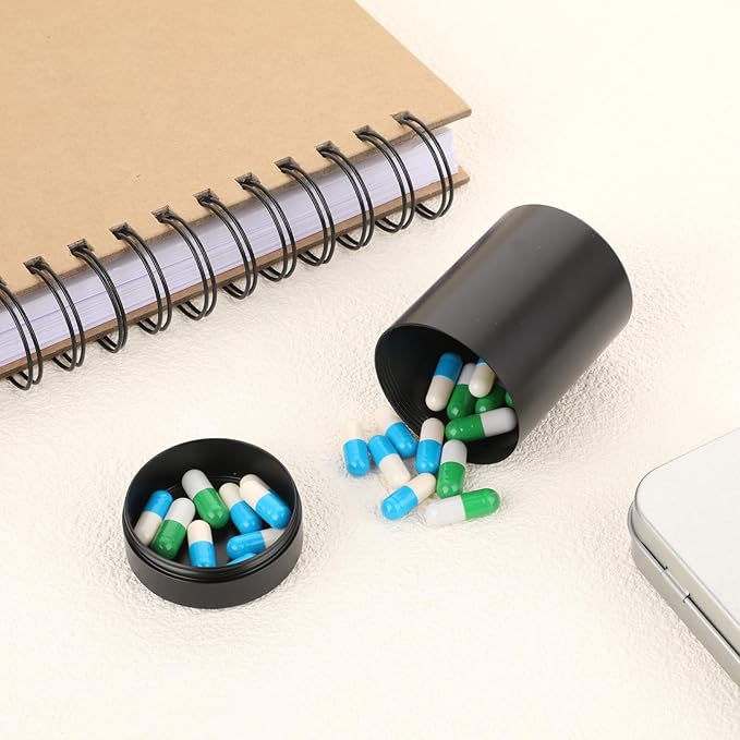 Portable Metal Small Pill Case, Round Alloy Pill Holder Pocket Small Pill Box Waterproof Medicine Organizer Bottle Container for Travel Outdoor Vitamin Fish Oils (Black)