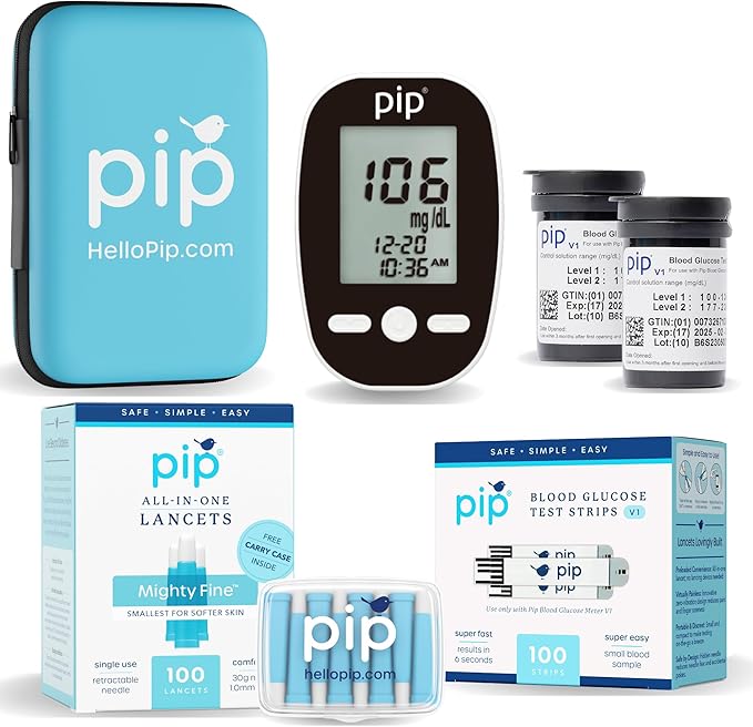 Pip Blood Glucose Monitor Kit with Preloaded Safety Lancets - Complete Diabetes Testing Kit with 100 Test Strips & Lancets | No Lancing Device Needed for Virtually Painless Blood Sugar Monitoring