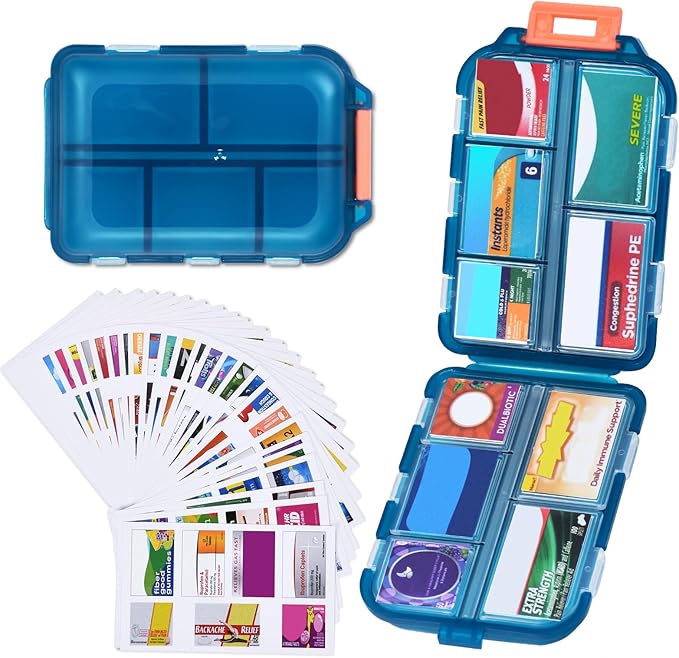 Travel Pill Organizer with Medicine Labels, 10 Compartments Travel Pill Box Medicine Organizer Purse Pill Case Daily Pill Container (Green, 189 Lables)