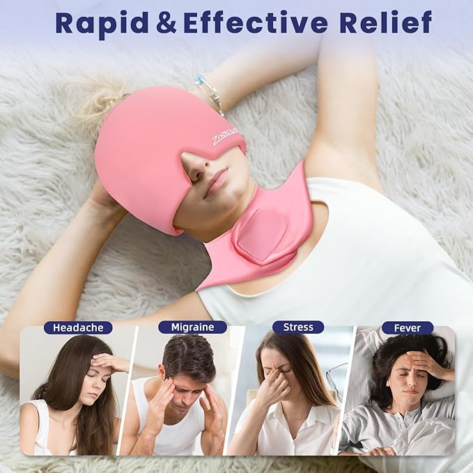 Migraine Relief Cap and Neck Ice Pack Wrap Gel Set, Upgrade Headache Hangover Cold Cap and Cervical Ice Packs Compress Relief for Head Cervical Pain, Stress, Swelling, Office Pressure Gift Women-Pink