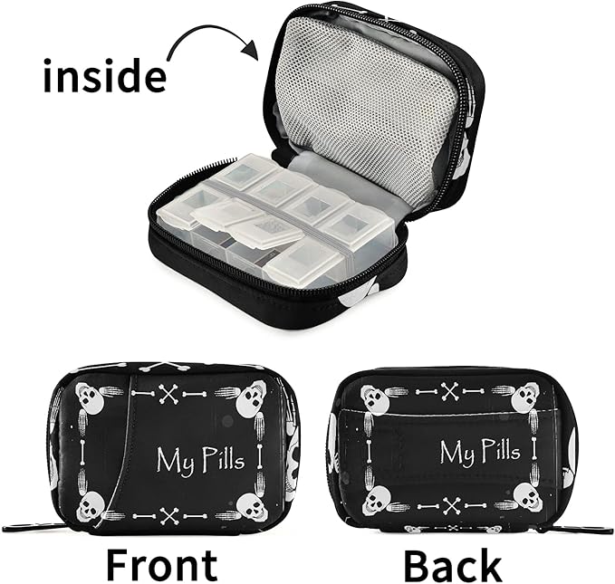 Halloween My Pill Box 7 Day Skull Pill Case Travel Pill Organizer Bag with Zipper Portable Weekly Case Compact Size for Vitamin Supplement Holder