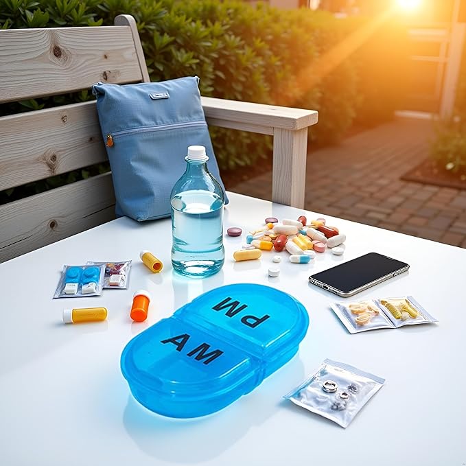 Blue Daily Pill Box AM/PM Pill Organizer,Portable Travel Pill Case,Vitamin Case, Medicine Container,Pocket Size Small Case Holder for Vitamin Supplement,Jewelry Storage Medication Aids