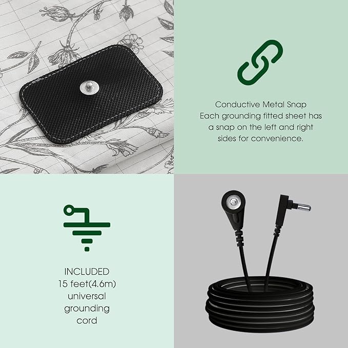 Ivellow Floral Grounding Sheets King 10% Pure Silver Fiber 90% Organic Cotton Fitted Sheet King Size 16” Deep Pocket Soft Earth Connected Bedding Patterned Fitted Bed Sheet with Grounding Cord