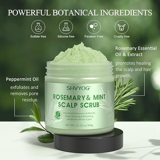 SHVYOG Scalp Scrub, Rosemary Scalp Exfoliator, Scalp Exfoliator Scrub for Build Up, Oily Hair, Hair Treatment Nourishing Detox Hair Care with Scalp Massager