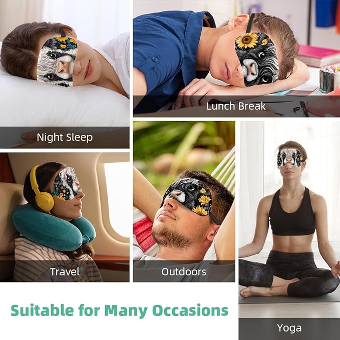 2 Pack Sleep Eye Mask for Women Men, Soft Breathable Eye Cove No Pressure Blackout Night Blindfold for Sleeping Light Blocking with Adjustable Strap, Sunflowers Highland Cow