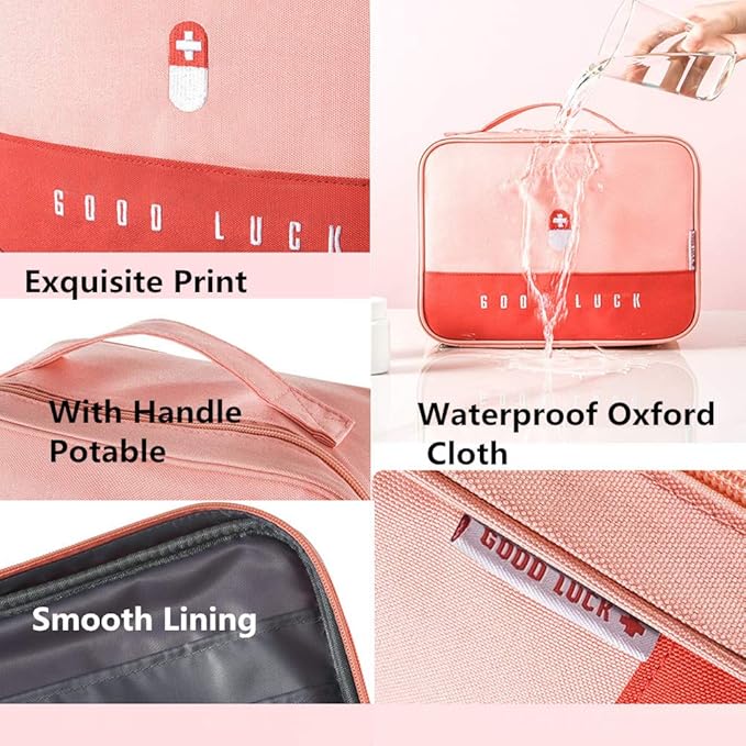 First Aid Kit Bag Empty Travel Medication Pouch Big Zippered Oxford Medical Survival Kit Carrier Handy Medicine Pills Drugs Package Organizer with 5 Pocket+1 Main Holder-9.8x7.9x5.3Inch (Pink-L)