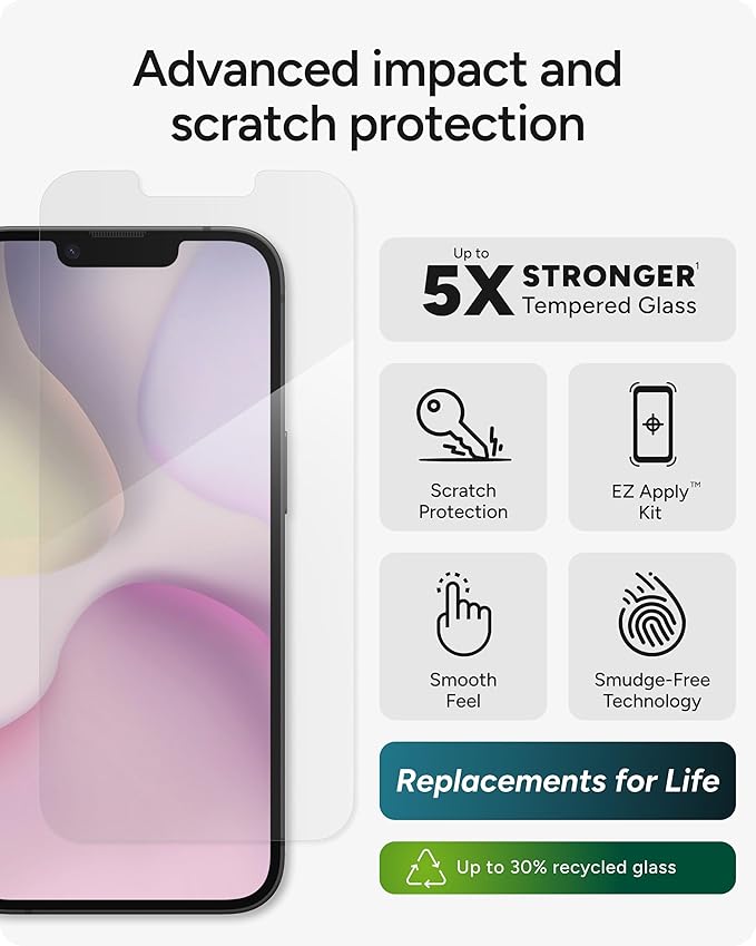 ZAGG Glass Elite Screen Protector for Apple iPhone 17e/ 16e/ 14/13/ 13 Pro - Advanced Impact and Scratch Protection, Anti-Fingerprint Technology, InvisibleShield, Easy to Install