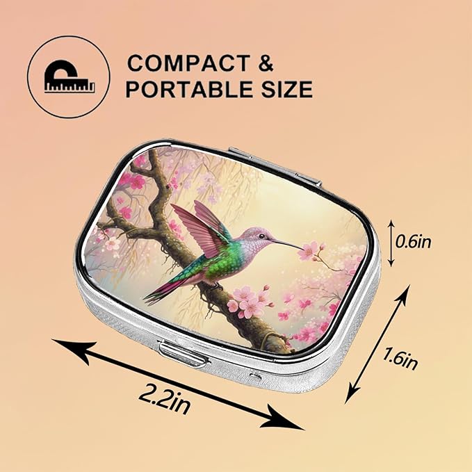Square Pill Case Small Pill Box with Mirror Pocket 2 Compartment Vitamin Pill Medicine Case Organizer Pill Containers for Traveling Cherry Blossom Hummingbird