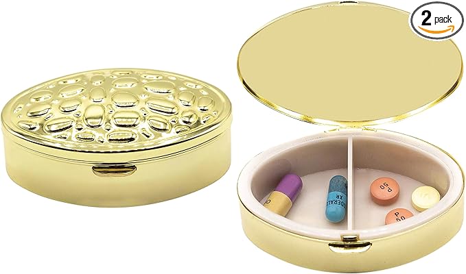 Set of 2 Oval-Shaped Pocket Purse Pill Box & Organizer with Dual Compartments (Gold Lattice)