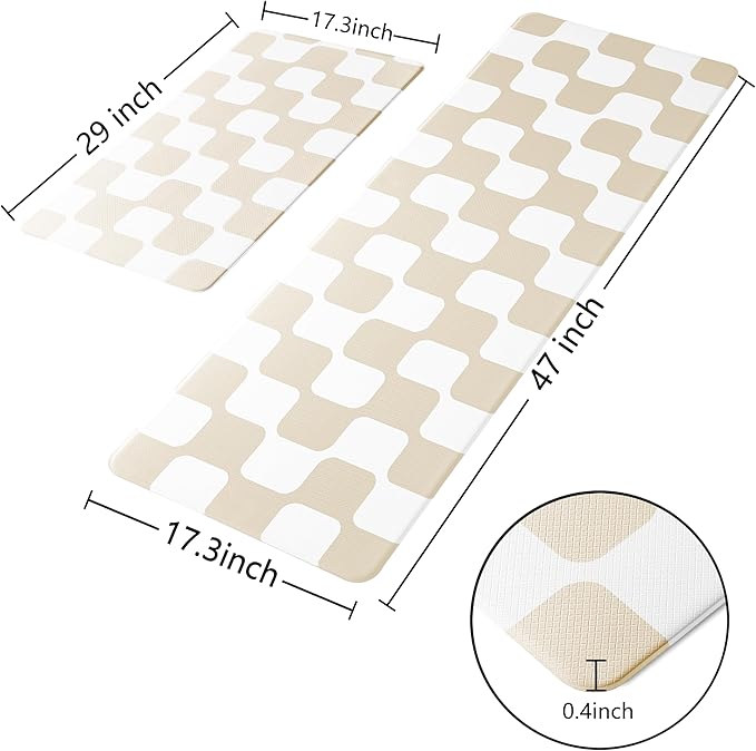 Cream Retro Curvy Checkered Grid Checkerboard Kitchen Rug Sets [2 PCs], Anti-Fatigue, Waterproof Non-Slip Kitchen Mats Heavy Duty Comfort Foam Rug for Floor, Home, Laundry,17"x29"+17"x47"