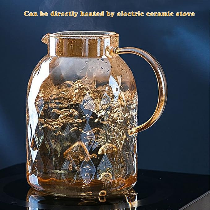 64 oz Amber Glass Pitcher with Lid and Spout Borosilicate Water Pitcher Bedside Water Carafe Vintage Glass Jug for Juice Coffee Iced Tea Hot Cold Beverage Lemonade Fridge 1.8L