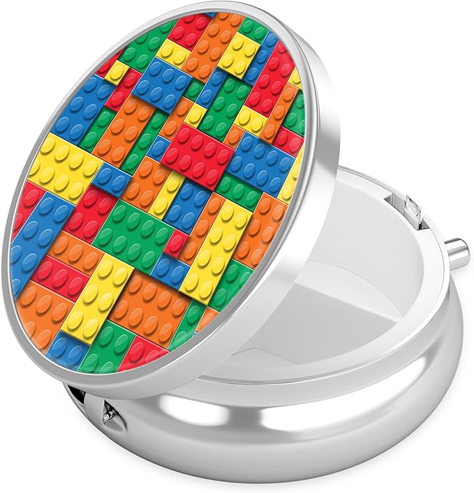 Building Blocks Pill Case, Pill Box 3 Compartments Metal Small Pill Holder with Mirror Mini Travel Pill Container for Purse Pocket Women Men