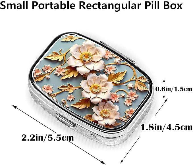 ABLESKY Pill Box, 2 Compartment Pill Organizer Case for Pocket or Purse, Small Portable Metal Travel Medicine Box with Mirror, Daily Vitamins Fish Oil Container-White Elegant Flowers Floral