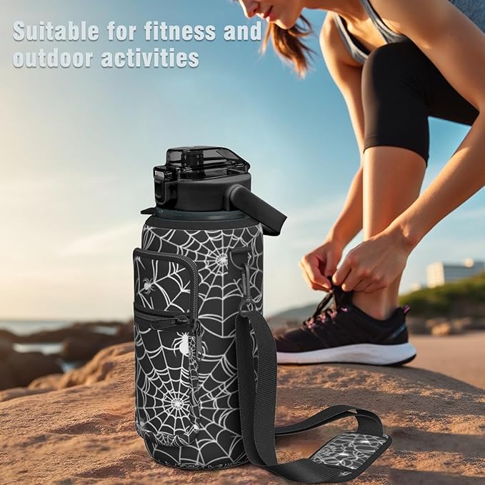 Halloween Half Gallon Water Bottle with Sleeve - Flip Top Bpa Free 64 OZ - Motivational Time Marker Leakproof Water Jug - Gothic Witchy Gifts for Women - Spider Web for Gifts