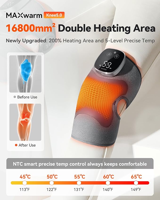 Knee Massager with Heat Vibration for Pain Relief MAXwarm 5.0[2026 Upgraded]-Heated Knee Brace with 5 Heat Levels and 4 Motors Massage, X-Warm Heat-Lock Tech, for Men Women(Grey, 1-Pack)