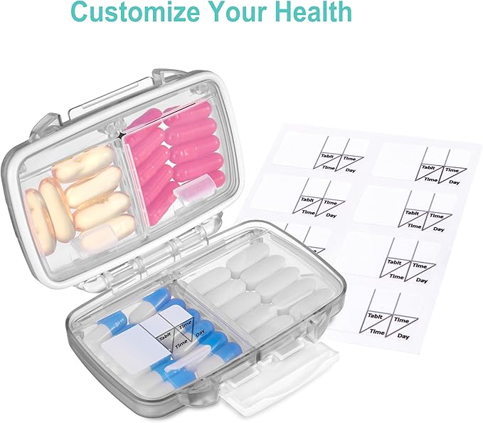 Fullicon Travel Pill Organizer, 4 Compartments Portable Pill Case, Moisture Proof Small Pill Box with Labels, Travel Pill Case with Double Lock, Pocket Pharmacy for Vitamin D3 & Fish Oil (Grey)