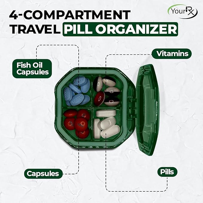 Travel Pill Organizer - Durable, Watertight Pill Case Travel Size with 4 Compartments - Compact Pill Travel Case for Vitamins, Supplements, Medicine - Travel Pill Container for Purse (Green)