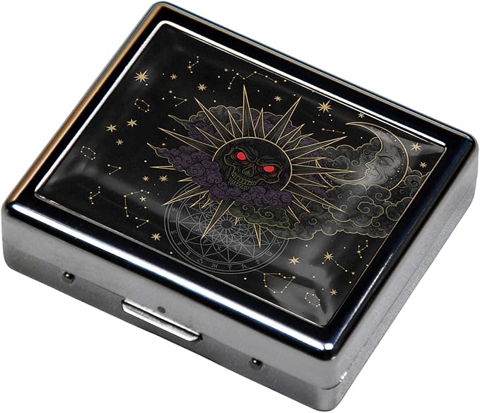 Silver Vintage Pill Box 7 Day Metal Pill Box with Mirror and 8 Compartments Cute Travel Pill Organizer for Purse (The Sun and The Moon in The Darkness)