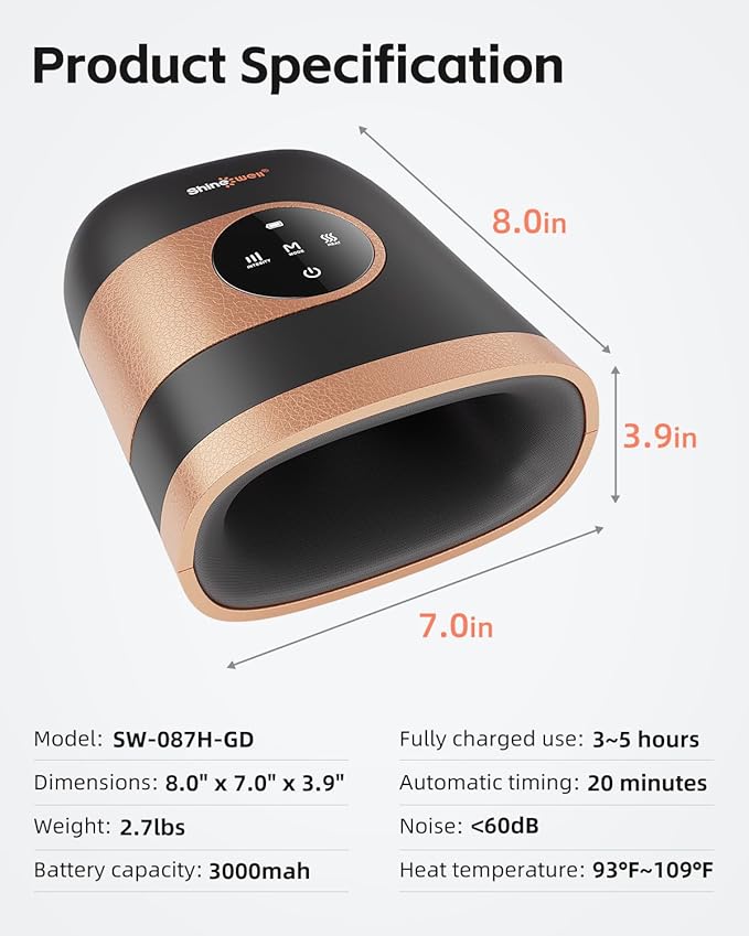 Shine Well Hand Massager - Cordless Hand Massager with Heat and Compression for Arthritis and Carpal Tunnel - Muscles Pain Relief from Wrist to Palm and Finger, Gifts for Women