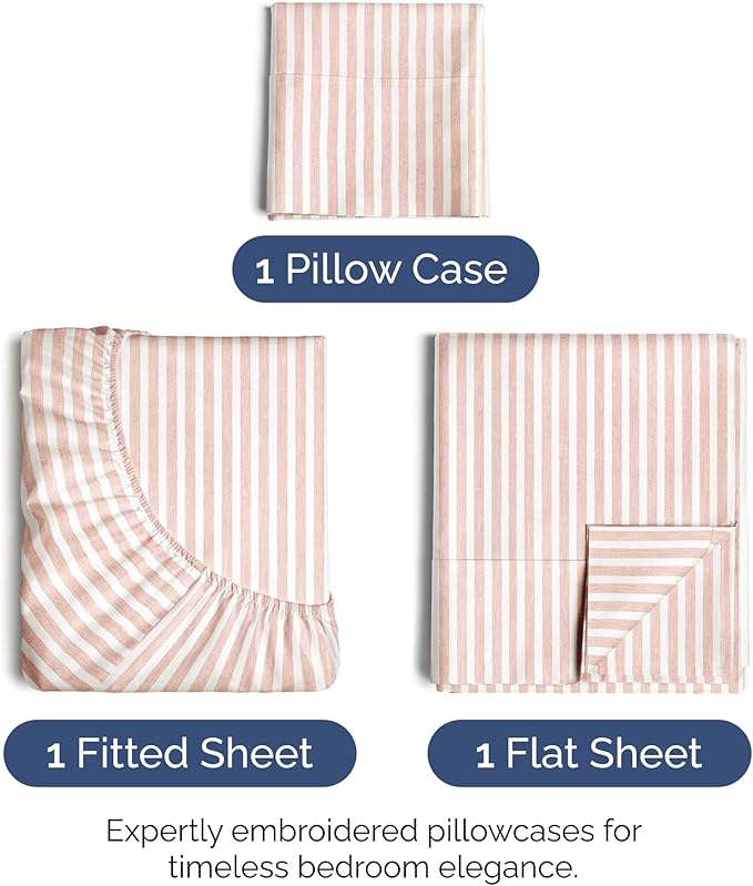 Twin XL Size 3 Piece Sheet Set - Extra Soft, Breathable & Cooling Sheets - Hotel Luxury Bed Sheets for Women & Men - Deep Pockets, Easy-Fit & Wrinkle-Free Sheets - Blush Stripes Oeko-Tex Bed Sheets