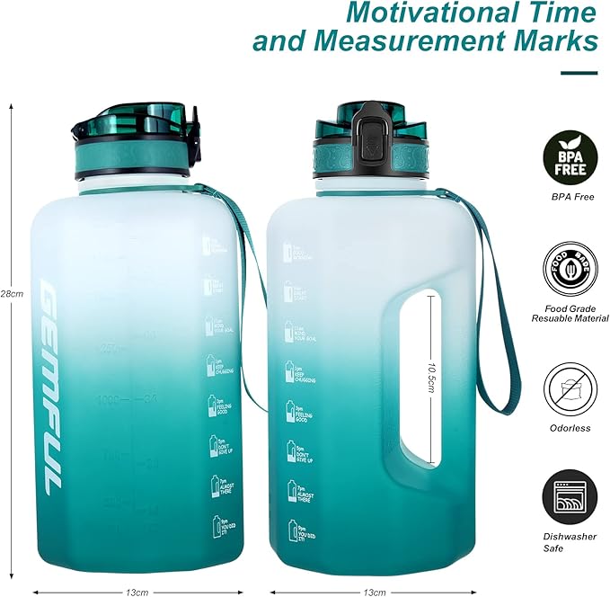 GEMFUL 2.2L Gym Water Bottle with Strap Half Gallon Motivational Jug for Workout Outdoor BPA-Free Leakproof Sports Bottle 74oz (Cyan no Straw)