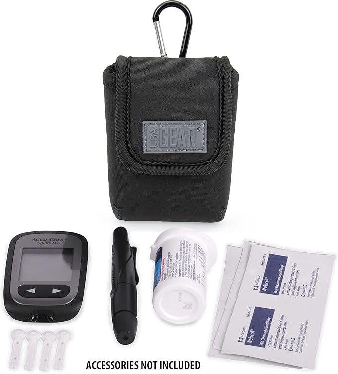 USA Gear Glucose Monitor Case Fits One Touch Verio Meter, Accu-Chek Guid, Metene TD-4116, Lancets, Blood Sugar Test Strips - Blood Sugar Glucometer Pouch with Belt Loop, Carabiner (Pouch Only)