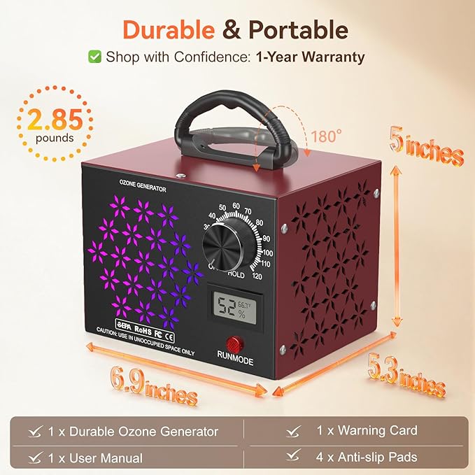 120,000mg/h Ozone Generator Machine with Temp/Humidity Display, Triple Side Vents for Enhanced Airflow - Faster & Wider Ozone Odor Eliminator Air Purifier for Home, Car, Pets, Up to 6000 Sqft