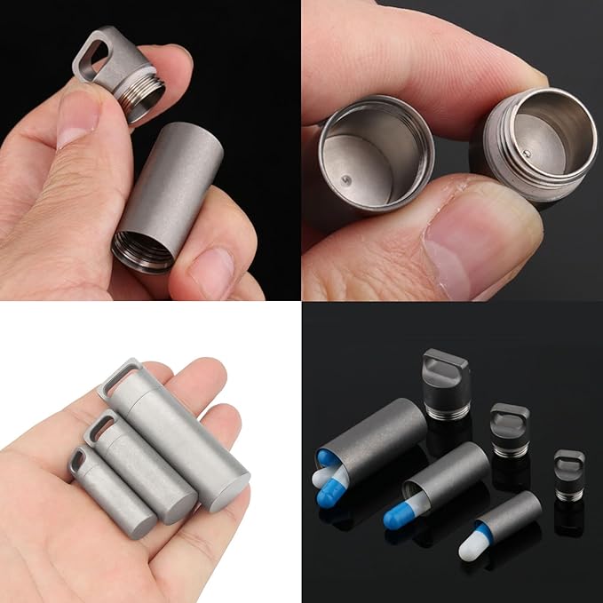 Portable Waterproof Pill Case Keychain, Titanium Alloy Seals Bottles, Mini Canister Medicine Capsule Bottle Pill Container for Outdoor Camping/Travelling EDC Tool Kit (Frosted, L)