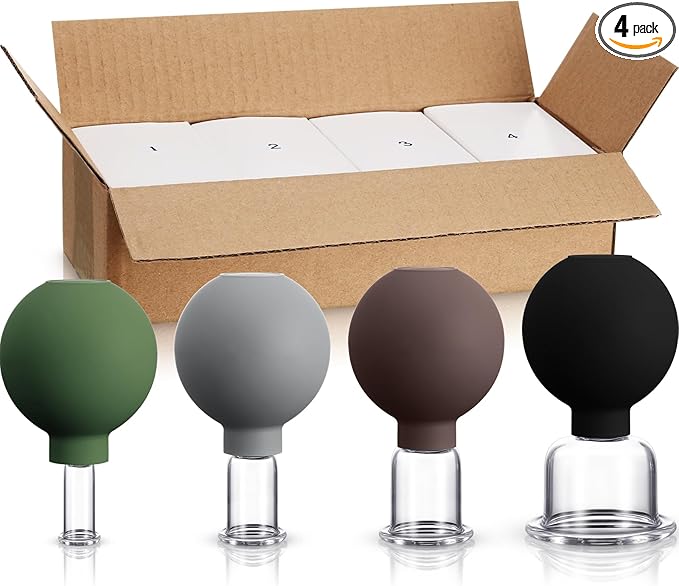 BBTO 4 Pcs Glass Facial Cupping Set Silicone Vacuum Suction Massage Cups Skin Tightening Therapy for Face Body Eyes Back Shoulder Pain(Minimalist)